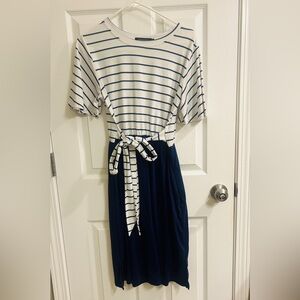 Striped Navy and White Dress with Belt